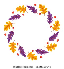 Herbstbild. Runder Rand aus Blättern, Eiche, Birke, Beeren, Ahorn. Blätter haben eine andere Form und sind in einem Kreis angeordnet. Vektorgrafik einzeln auf weißem Hintergrund.