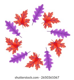 Autumn frame. Round border made of leaves, oak, birch, berries, maple. leaves have a different shape and are arranged in a circle. Vector flat isolated on white background.
