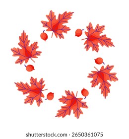 Herbstbild. Runder Rand aus Blättern, Eiche, Birke, Beeren, Ahorn. Blätter haben eine andere Form und sind in einem Kreis angeordnet. Vektorgrafik einzeln auf weißem Hintergrund.