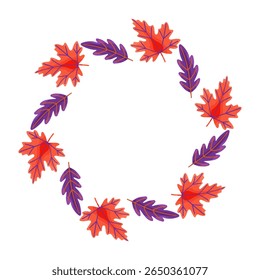 Autumn frame. Round border made of leaves, oak, birch, berries, maple. leaves have a different shape and are arranged in a circle. Vector flat isolated on white background.