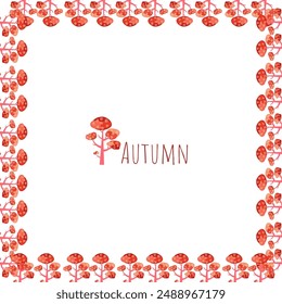 Autumn frame with round pink trees in flat style on the white background. Vector digital illustration with frame