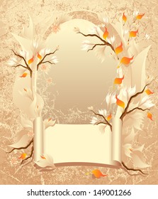 Autumn frame with a scroll on grunge background
