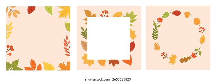 Conjunto de marco de otoño con hojas de otoño y bayas de colores. Perfecto para invitaciones, tarjetas, carteles, diseños de Acción de Gracias y saludos de temporada. Plantillas de Vector.