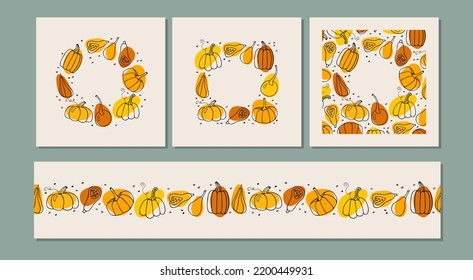 Autumn frame set. Round and square Pumpkin frames, Seamless Pumpkin border. Thanksgiving or Halloween holidays sketch design. Pumpkin icon symbols isolated. Vegetable print for autumn holidays