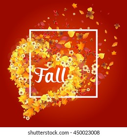 Autumn Frame in Shape of Heart With Falling Yellow and Orange Leaves. Fall Background. Elegant Design with Text lettering and Balanced Colors. Vector Illustration.