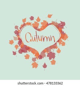 Autumn Frame in Shape of Heart With Falling Maple Leaves. Vector Illustration.
