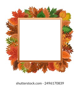 autumn frame square, lots of bright fallen leaves framed with an empty center. isolated autumn wreath on a white background. colorful vector illustration on an autumn theme