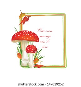 Autumn frame of square shape. Red poison mushroom isolated on white background. Vector illustration set.