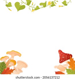 Autumn frame, templates with leaves and mushrooms elements, vector cartoon illustration