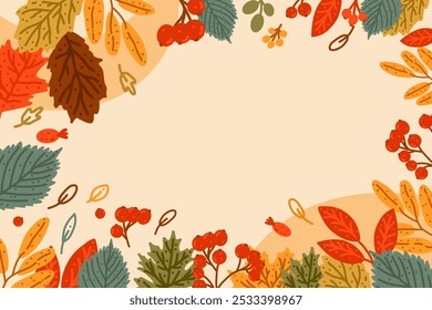 Autumn frame vector background with space for text with green, yellow, red, orange autumn leaves for printing, design, sale