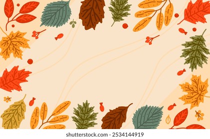 Autumn frame vector background with space for text with green, yellow, red, orange autumn leaves for printing, design, sale