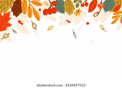 Autumn frame vector background with space for text with green, yellow, red, orange autumn leaves for printing, design, sale