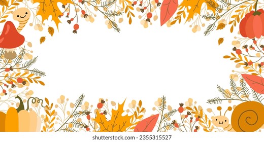 Autumn frame vector banner. Fall background with pumpkin, mushroom, snail. Colorful banners with autumn fallen leaves and yellowed foliage.