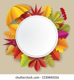 Autumn frame, vector illustration in paper art modern craft style. Autumn composition with paper cut colorful maple, oak and other trees leaves, umbrella and copy space.