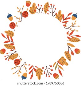 Autumn frame. A wreath of leaves, twigs and acorns. Vector hand drawn illustration.