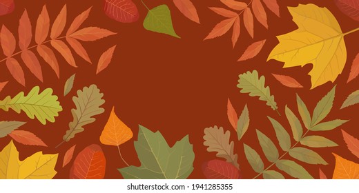 Autumn frame from yellow, green and orange poplar, rowan, maple, oak leaves and twigs. Vector illustration with matte dark red background, copy space and mockup for text or image. Ukrainian motive. 
