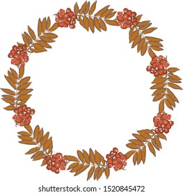 autumn frame. yellow leaves and rowan berries. round frame for text. advertising, postcard