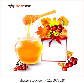 Autumn frame.Rowan and autumn leaves.Autumn.Vector honey in a transparent glass jar.Vector picture, image for poster, stickers, business cards.