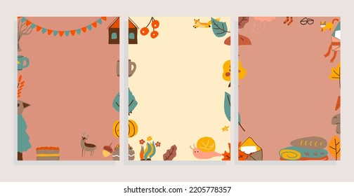 autumn frames with animals, leaves, vector background template set