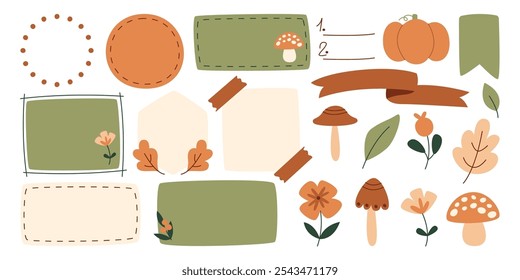 Autumn frames, borders natural decorative templates with fall ornament elements hand drawn set. Cards layouts, mushroom, flower, leaves and ribbons season botanical decoration vector illustration