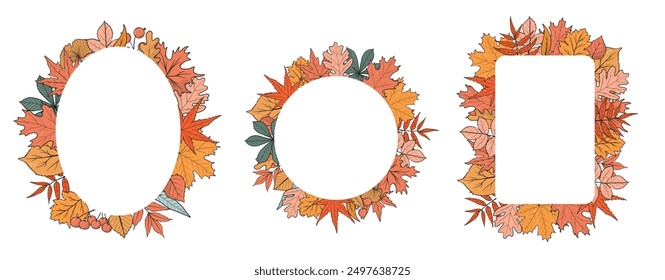 colección de marcos de otoño decorada con hojas garabateadas para tarjetas, carteles, estampados, Plantillas, Anuncios, carteles, invitaciones, etc. EPS 10