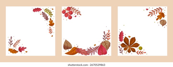 Autumn frames with colorful leaves on white background. Seasonal border design for greeting cards, invitations, posters, and templates