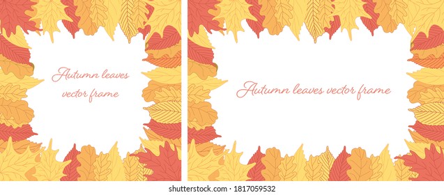 Autumn frames with colorful leaves. Vector illustration in flat style with outlines. Square and rectangular formats. Red, yellow, orange colors. Great offer sale template. Transparent background.