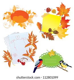 Autumn frames with Leafs, pieces of paper and birds