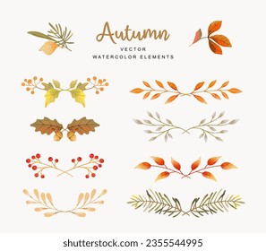 Autumn frames of leaves, branches and berries. Fall floral watercolor elements. Vector illustration
