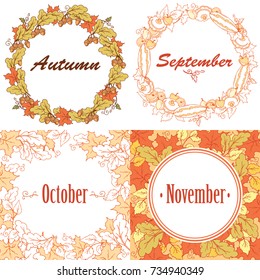 Autumn frames and wreaths with leaves  / set of four vector frames in hand drawn style