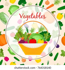 Autumn fresh vegetable in basket, with colorful background, vector illustration