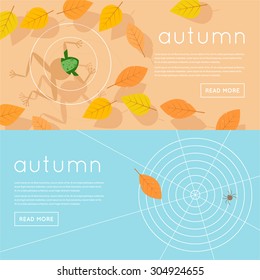 Autumn, Frog in water and fallen leaves. Cobweb and fallen leaf near spider. 2 banners. Flat design vector illustration.