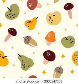 Autumn fruit seamless pattern in hand-drawn style. Vector background illustration for colorful summer fabric. Apple with mushrooms, pear and sparkles.