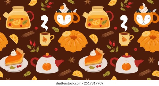 Autumn fruit tea and pumpkin pie background. Set of cozy autumn drinks, pies and spices. Seamless pattern for paper, packaging, fabric, wallpaper and other surfaces.