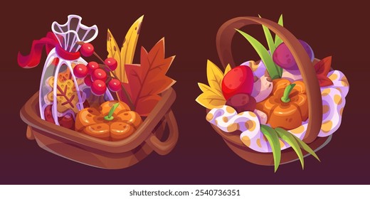 Autumn fruit and vegetable basket isolated vector. Healthy eating mushroom picking for picnic or thanksgiving with plenty leaves. Pumpkin food harvest in wicker fall symbol set with ribbon for game