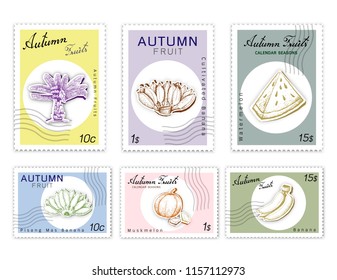 Autumn Fruits, Post Stamps Set of Hand Drawn Sketch Ensete Banana, Cultivated Banana, Pisang Mas, Muskmelon and Watermelon in Trendy Origami Deep Paper Art Carving Style. 