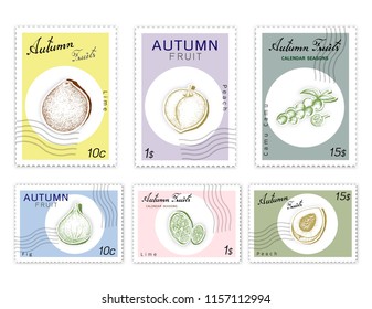 Autumn Fruits, Post Stamps Set of Hand Drawn Sketch Camu Camu, Fig, Lime and Peach or Nectarine in Trendy Origami Deep Paper Art Carving Style. 