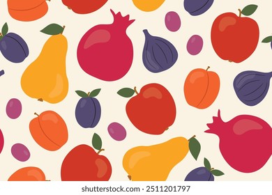 autumn fruits seamless pattern with apple, pear, fig, grapes, pomegranate, peach icons; great for packaging for organic food products - vector illustration
