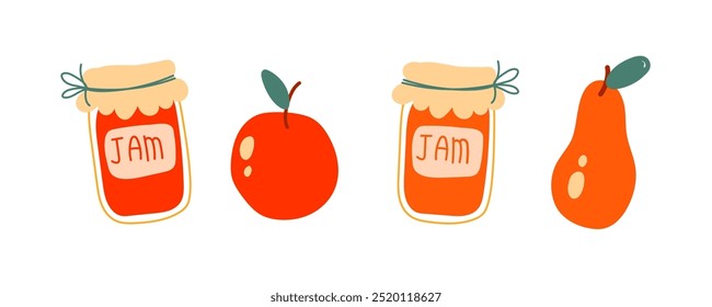 Conjunto de pegatinas de frutas de otoño y tarros de mermelada. Frutas de la cosecha de otoño - manzana y pera. Iconos planos del vector Elementos decorativos Cosecha, cosecha para la conservación del fin del invierno aislados en backgro blanco