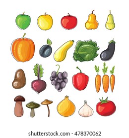 Autumn fruits and vegetables. Flat vector illustration. Fruits and vegetables for menu or advertising. Bright colors. Design template