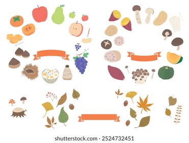 Autumn fruits and vegetables and leaves frame set