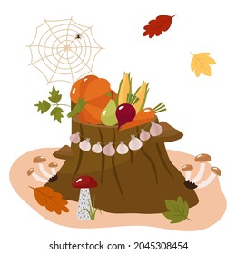 Autumn fruits and vegetables on a forest stump. Pumpkin, corn, apples, pears, mushrooms, garlic. Vector illustration for a postcard design or decor.