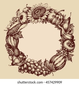 Autumn fruits and vegetables round frame. Fall garland in retro style