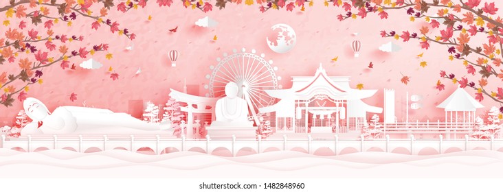 Autumn in Fukuoka, Japan with falling maple leaves and world famous landmarks in paper cut style vector illustration