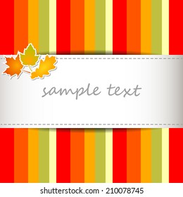 autumn full color background with stripes in autumnal colors - yellow, orange and green leaves and sewn strip in the middle - copy space