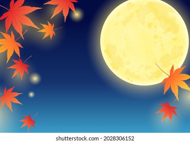 Autumn full moon and maple Japanese style vector illustration frame (background)