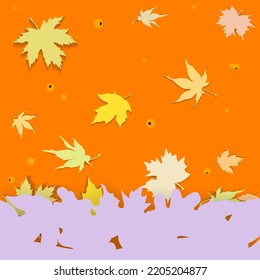 autumn funny background of flying maple leaves on a bright orange background with a decorative plate