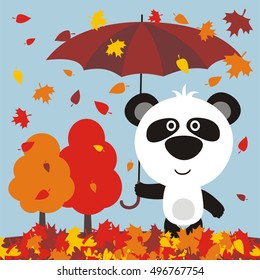 Autumn. Funny panda bear under an umbrella on background of falling leaves in cartoon style.