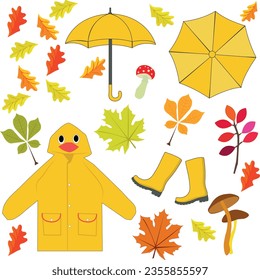 Autumn, funny pictures, raincoat, leaves, mushrooms. Lovely pictures of autumn. Autumn set. A set of pictures on the autumn theme.