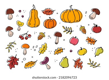Autumn funny set, hand-drawn. Vector colored elements in the style of doodles with leaves, acorns, pumpkin, apples, mushrooms. Black, yellow, red colors. 